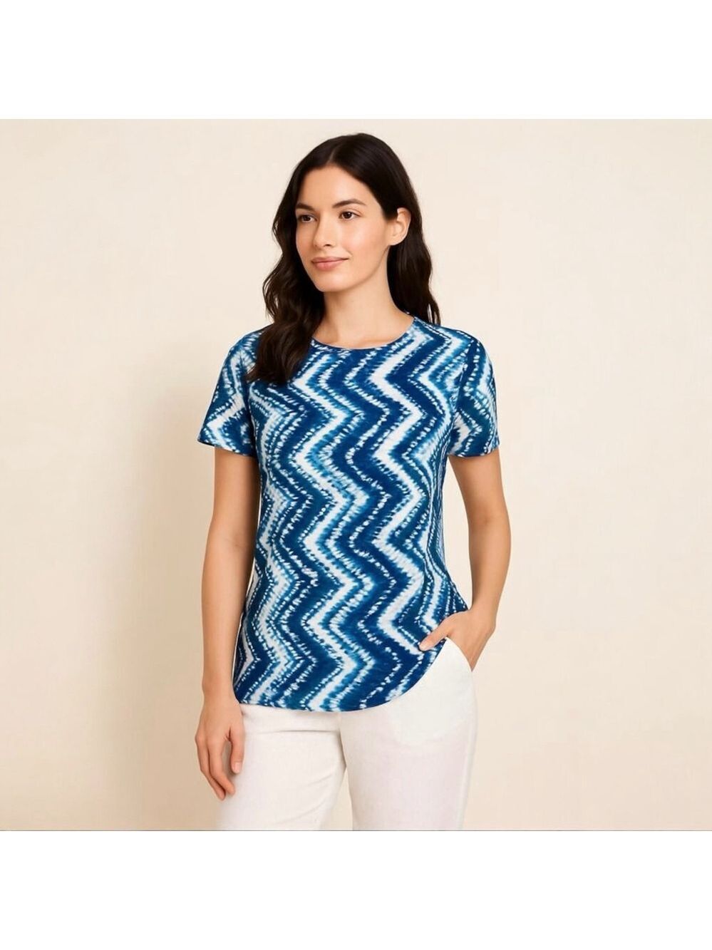 Olsen Blue White Tie Dye Chevron Short Sleeve Cotton Top T-Shirt Womens Size 6 - Picture 2 of 13